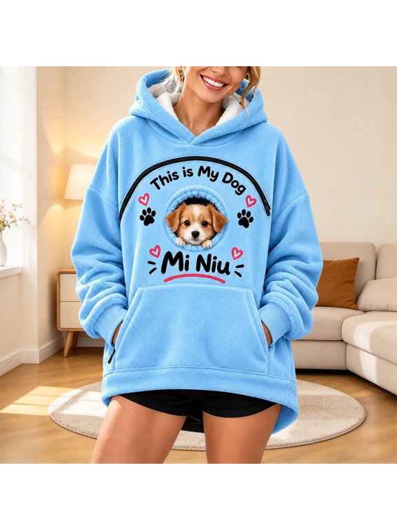 Custom Women's Hoodie Flannel Pouch Pullover Sweatshirt For Cats And Small Cozy Soft Warm Casual Streetwear(Blue,XL)