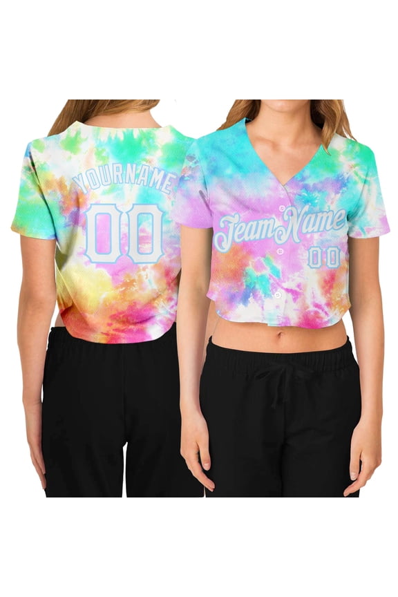 Custom Women's Tie Dye White-Light Blue Rainbow 3D V-Neck Cropped Baseball Jersey - Hot Sa