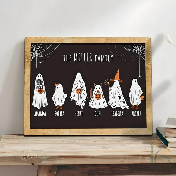 Custom Wooden Frame Ghost Family Sign, Personalized Ghost Family Wood Sign, Custom Halloween Family Home Decor, Cute Halloween Decor