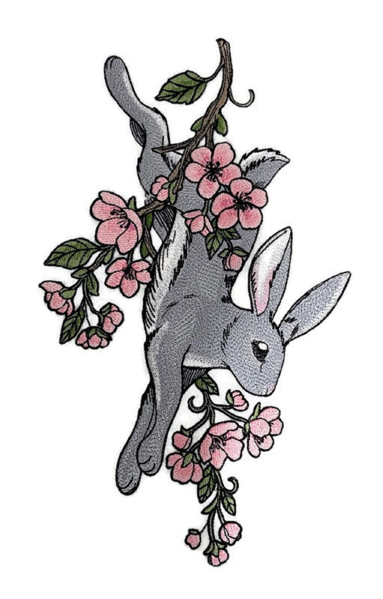 Custom Woodland Springtime Rabbit Embroidery Iron On/Sew Patch (10.47" x 6.85")