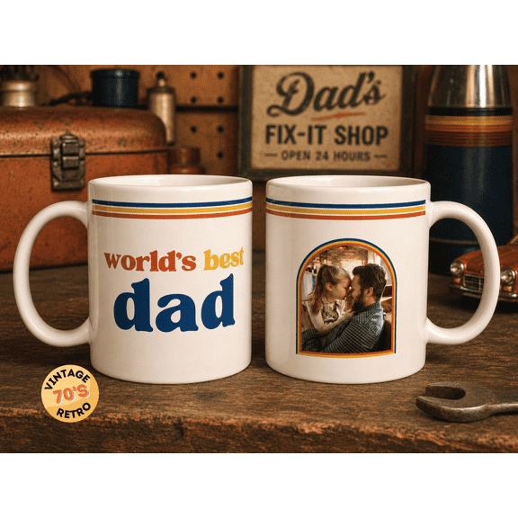 Custom World’s Best Dad Photo Mug | Retro 70s Father’s Day Gift | Vintage Dad Coffee Cup | New Dad gift | First Father's Day Gift