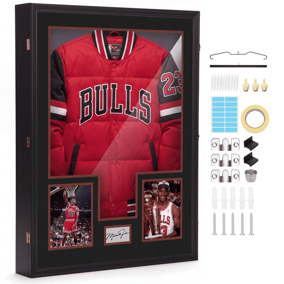 Custom XL Jersey Display Case, 28 x 37 x 4.7 Inch Deep Extra Large Shadow Box with Photo Slots, UV Protection Acrylic Frame for Hockey, Football, Baseball Jerseys, Jackets and T-Shirts