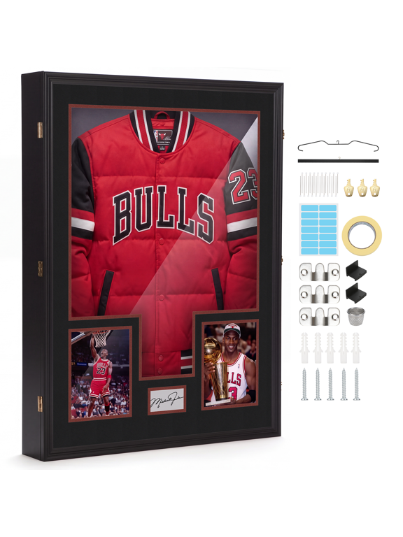 Custom XL Jersey Display Case, 28 x 37 x 4.7 Inch Deep Extra Large Shadow Box with Photo Slots, UV Protection Acrylic Frame for Hockey, Football, Baseball Jerseys, Jackets and T-Shirts