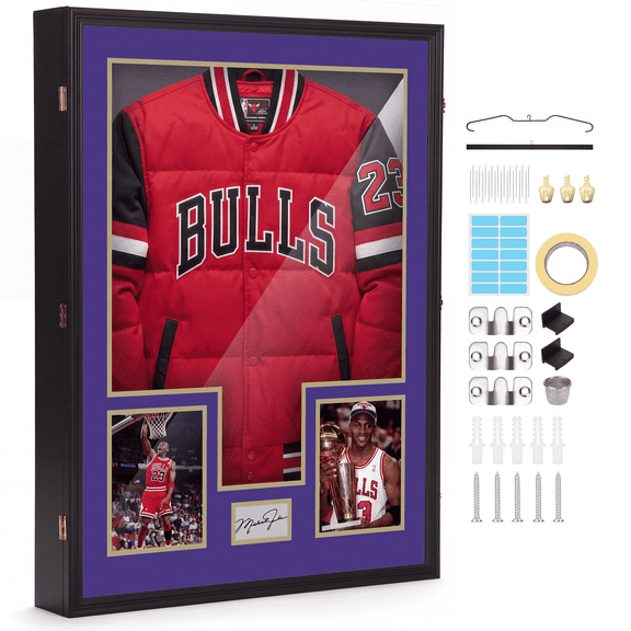 Custom XL Jersey Display Case, 28 x 37 x 4.7 Inch Deep Extra Large Shadow Box with Photo Slots, UV Protection Acrylic Frame for Hockey, Football, Baseball Jerseys, Jackets and T-Shirts