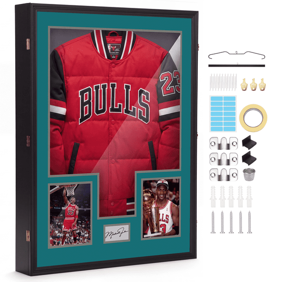 Custom XL Jersey Display Case, 28 x 37 x 4.7 Inch Deep Extra Large Shadow Box with Photo Slots, UV Protection Acrylic Frame for Hockey, Football, Baseball Jerseys, Jackets and T-Shirts