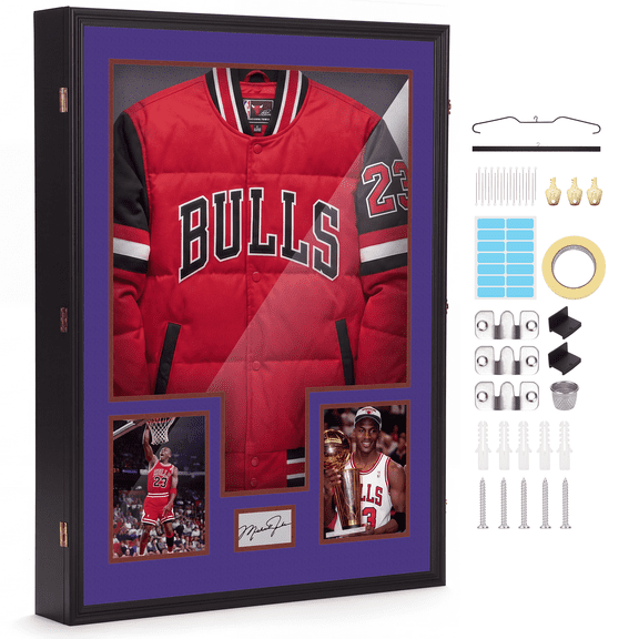 Custom XL Jersey Display Case, 28 x 37 x 4.7 Inch Deep Extra Large Shadow Box with Photo Slots, UV Protection Acrylic Frame for Hockey, Football, Baseball Jerseys, Jackets and T-Shirts