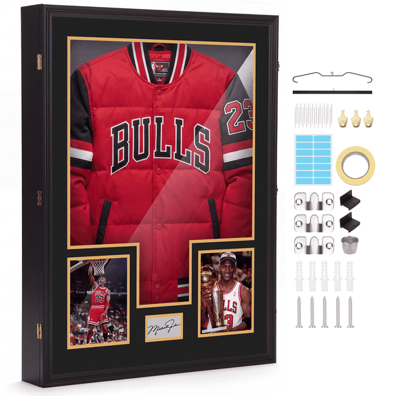 Custom XL Jersey Display Case, 28 x 37 x 4.7 Inch Deep Extra Large Shadow Box with Photo Slots, UV Protection Acrylic Frame for Hockey, Football, Baseball Jerseys, Jackets and T-Shirts