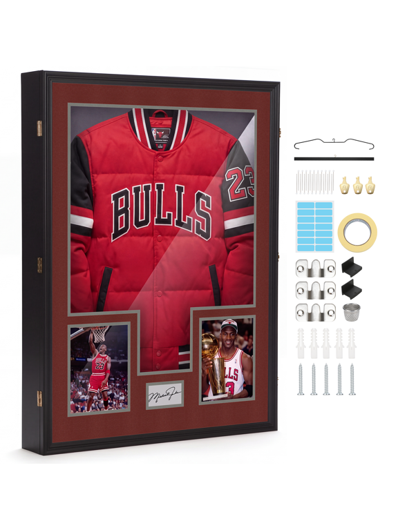 Custom XL Jersey Display Case, 28 x 37 x 4.7 Inch Deep Extra Large Shadow Box with Photo Slots, UV Protection Acrylic Frame for Hockey, Football, Baseball Jerseys, Jackets and T-Shirts