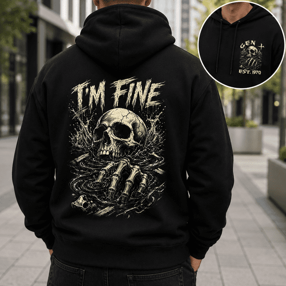 Custom Year Generation X 1965-1980 I'm Fine Skull Skeleton Hoodie Gothic Dark Sarcastic Gift