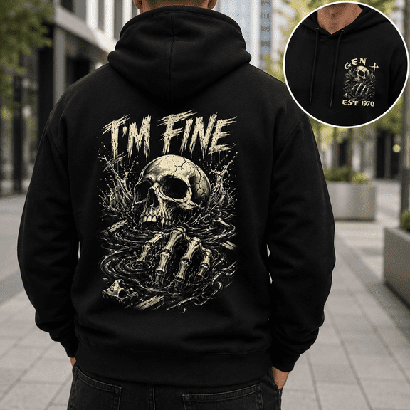 Custom Year Generation X 1965-1980 I'm Fine Skull Skeleton Hoodie Gothic Dark Sarcastic Gift