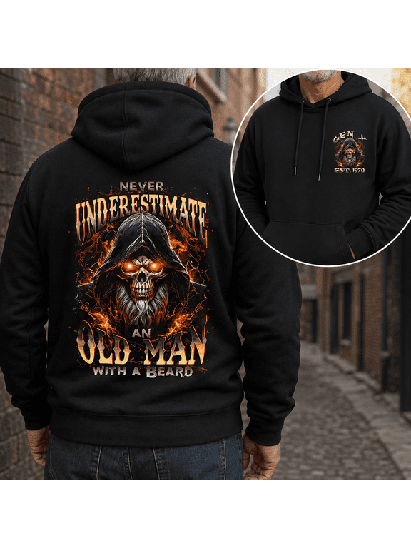 Custom Year Generation X 1965-1980 Never Underestimate an Old Man with a Beard Skull Reaper Graphic Hoodie, Bearded Men Dark Humor