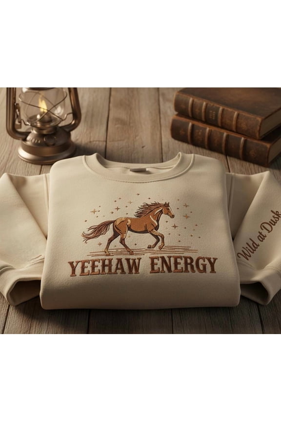 Custom Yeehaw Energy Sweatshirt, Western Horse Embroidery, Cowgirl Country Crewneck, Rustic Rodeo Gift, Wild at Dusk