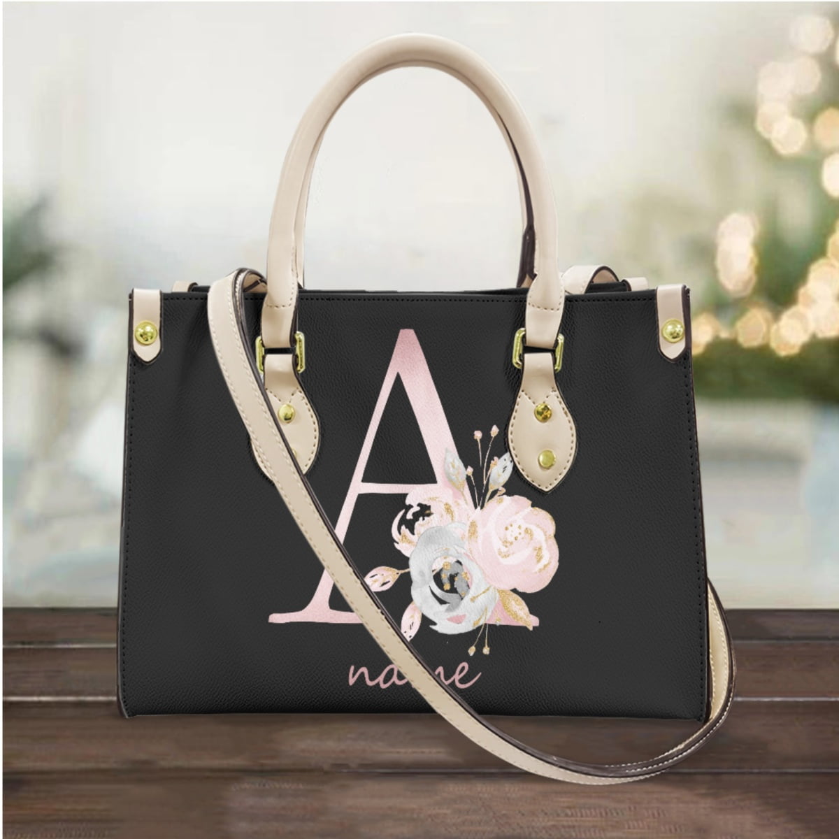 Custom Your Name Letter Floral Personalized Handbag PU Leather