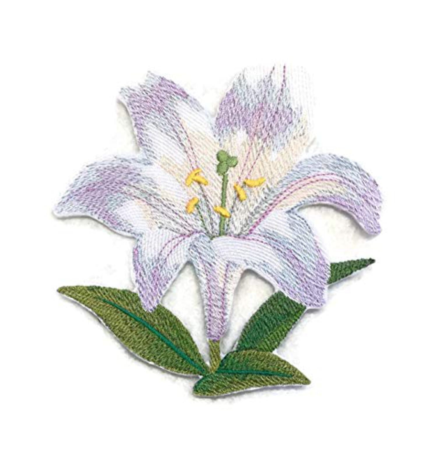 Custom and Unique Water Color Blooms and Butterflies [Watercolor White Lily Bloom] Embroidered Iron on/Sew Patch [5.34" 4.85"]