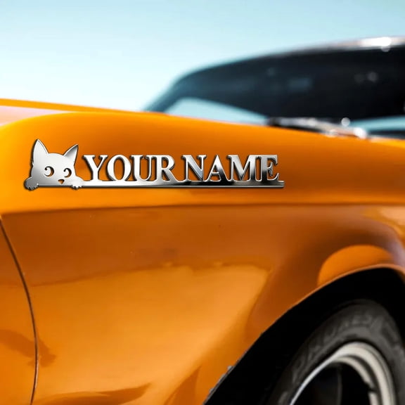 Custom car stickers,Custom Stainless Steel Cute Cat Car Stickers, Personalized Name & Text Emblem, Waterproof Metal Decal for Cars, Vans, Boats, Bicycles, Refrigerators, Walls & Doors