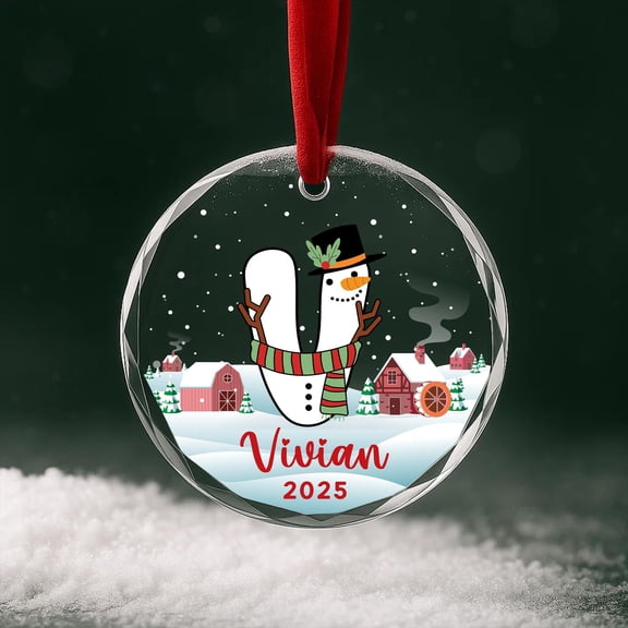 Custom initial name glass ornament snowman edition | personalized letter ornament; Christmas monogram; holiday tree decor; printed keepsake