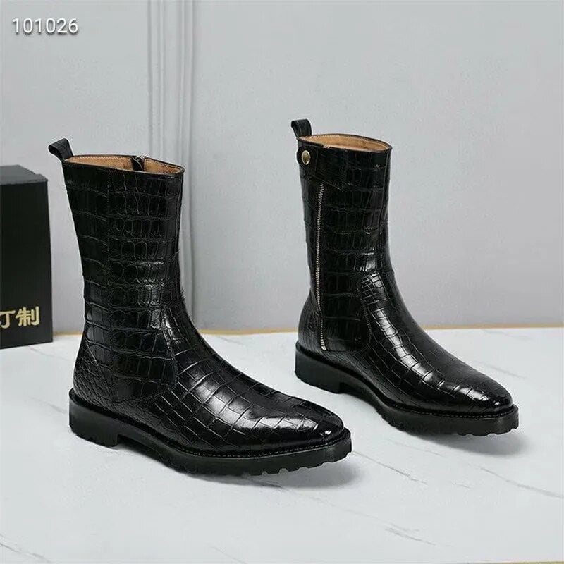 Custom made Authentic Crocodile Skin Men s Mid calf Boots Genuine Alligator Leather Male High lift Winter Shoes with Wool Lining Walmart