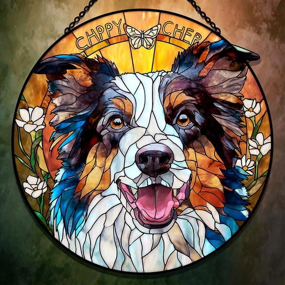 Custom pet portrait stained glass suncatcher, dog memorial, photo to portrait