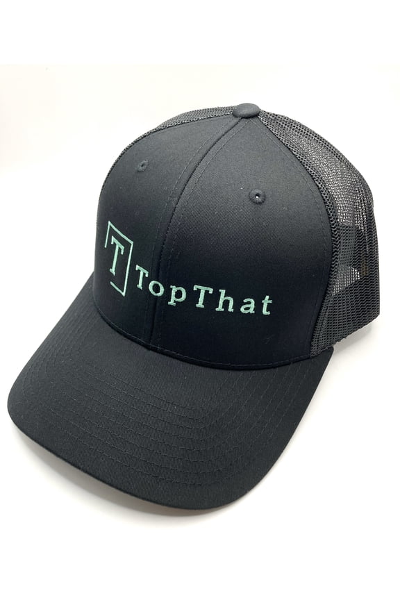 Custom structured black TopThat trucker hat with logo embroidered