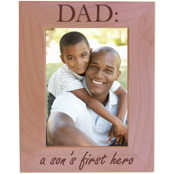 CustomGiftsNow DAD: A Son's First Hero - Wood Picture Frame - Fits 5x7 Inch Picture for father's or Christmas for dad, father, grandpa (Vertical)