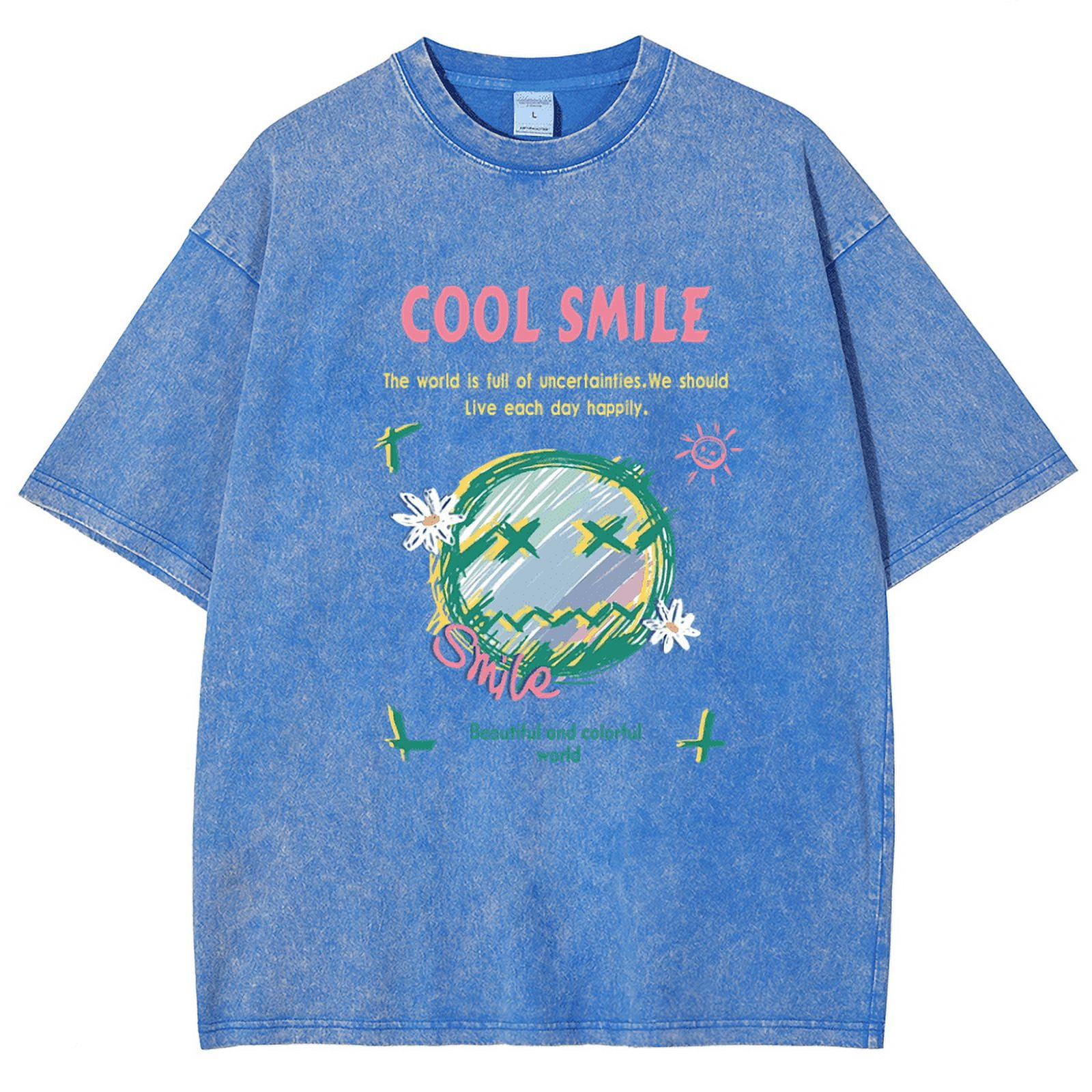 【oan】Smile Lettering Short Sleeve T-shirt CustomMagic Colorful Smiley Face Print Short Sleeve Men and