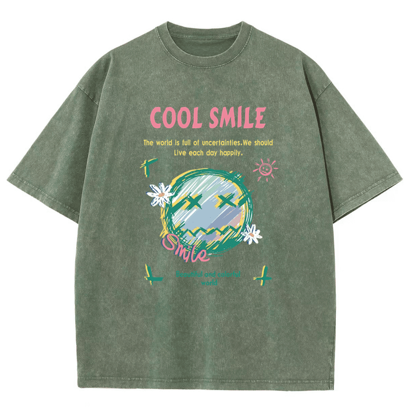 【oan】Smile Lettering Short Sleeve T-shirt CustomMagic Colorful Smiley Face Print Short Sleeve Men and