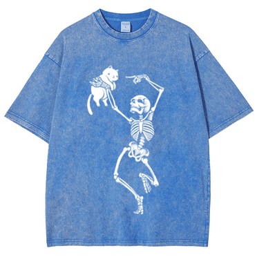 CustomMagic Dancing with Cats Unisex Oversized Print Vintage Wash Denim T-Shirt Blue, S