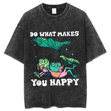 CustomMagic Do What Makes You Happy Unisex Oversized Print Vintage Wash Denim T-Shirt Black, M