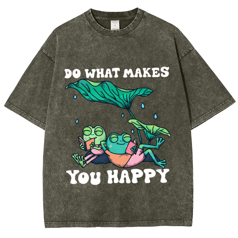 Custommagic Do What Makes You Happy Unisex Oversized Print Vintage Wash Denim T Shirt Grey M