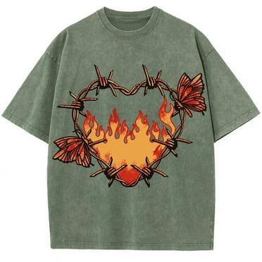 CustomMagic Flame of Love Unisex Oversized Print Vintage Wash Denim T-Shirt CadetBlue, S