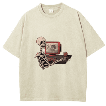 CustomMagic Game Over You're are Dead Unisex Oversized Print Vintage Wash Denim T-Shirt Beige, S