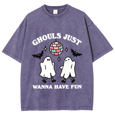 CustomMagic Ghouls just Wanna Have Fun Unisex Oversized Print Vintage Wash Denim T-Shirt Purple, XL
