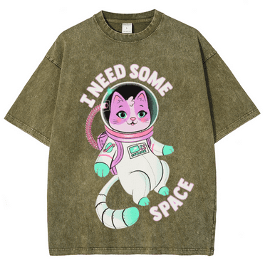 CustomMagic Ineed Some Space Unisex Oversized Print Vintage Wash Denim T-Shirt Olive, S