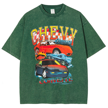 CustomMagic Never Chevrolet Unisex Oversized Print Vintage Wash Denim T-Shirt Green, 4XL