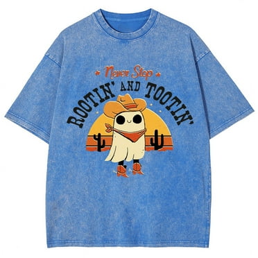 CustomMagic New Stop Rootin and Tootin Unisex Oversized Print Vintage Wash Denim T-Shirt Blue, L