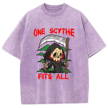 CustomMagic One Scythe Fits All Unisex Oversized Print Vintage Wash Denim T-Shirt Violet, 5XL
