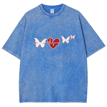 CustomMagic Simple Love Butterflies Unisex Oversized Print Vintage Wash Denim T-Shirt Blue, L