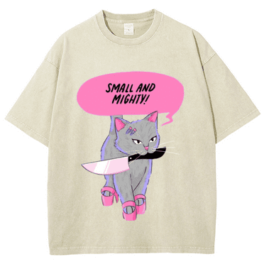 CustomMagic Small and Mighty Unisex Oversized Print Vintage Wash Denim T-Shirt Beige, M