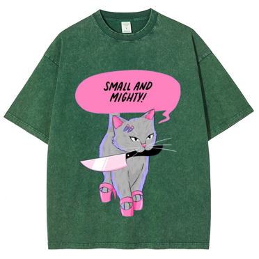 CustomMagic Small and Mighty Unisex Oversized Print Vintage Wash Denim T-Shirt Green, S