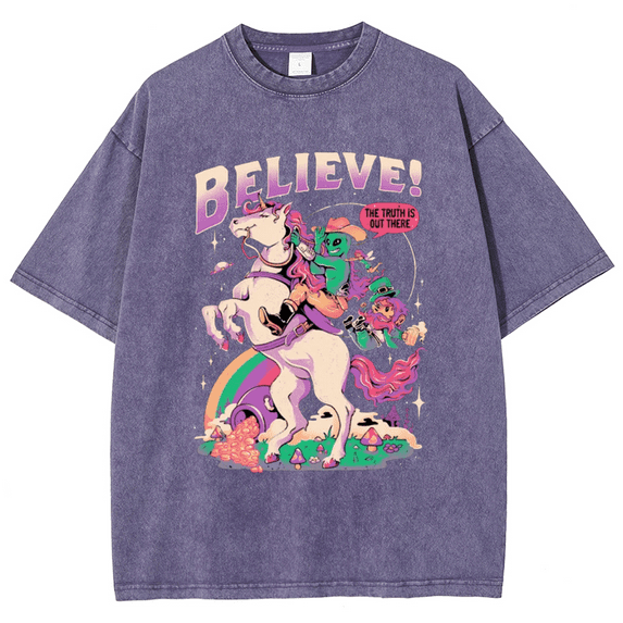 CustomMagic Unisex Believe Oversized Fun Print Wash Vintage Denim Short Sleeve T-Shirt Purple, 3XL