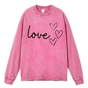 CustomMagic Unisex Love Heart Graphic Print Retro Denim Casual Wash Long Sleeved T-shirt Pink, L