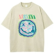 CustomMagic Unisex Nirvana Smile Face Oversized Print Vintage Wash Denim Trendy Short Sleeve T-shirt Beige, M