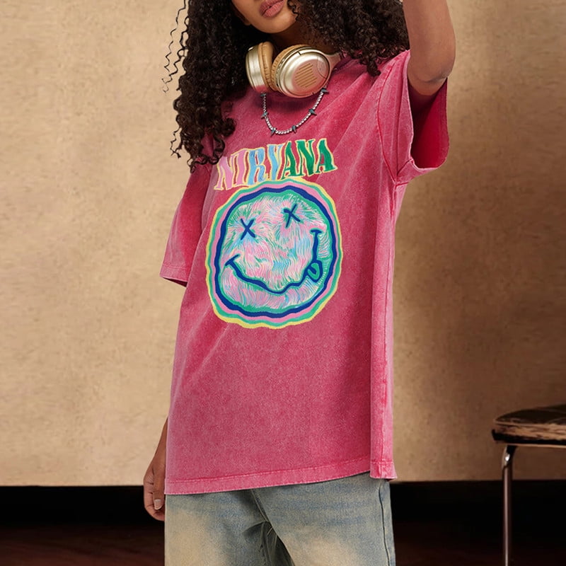 CustomMagic Unisex Nirvana Smile Face Oversized Print Vintage Wash 