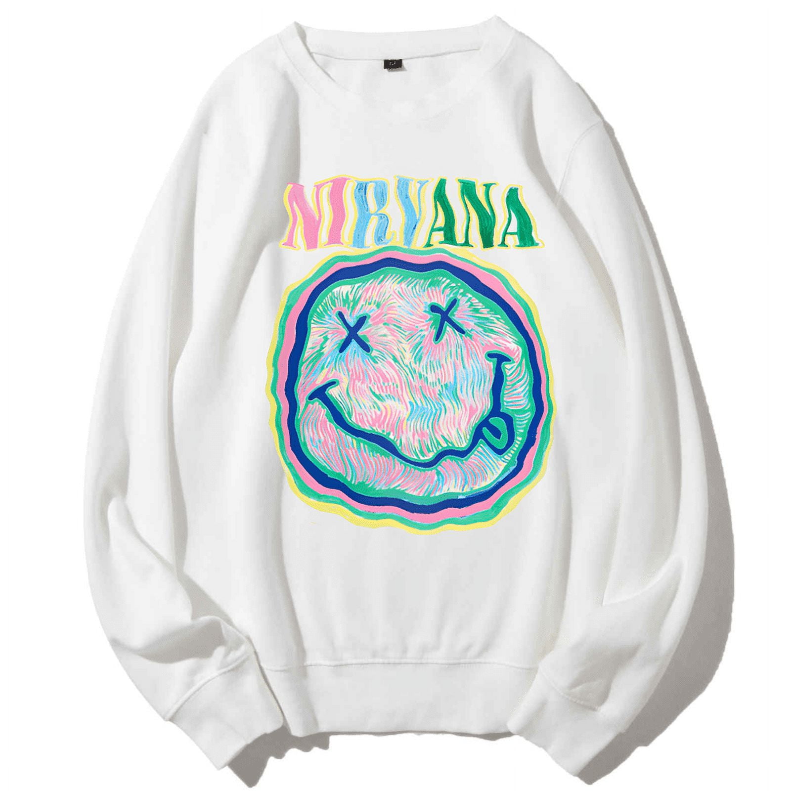 CustomMagic Unisex Nirvana Sweatshirt Smiley Face Print Casual Trendy Crewneck Long Sleeve Pullover Tops White S