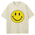 thumbnail image 1 of CustomMagic Unisex Smiley Face Oversized Printed Shirt Casual Vintage Wash Short Sleeve T-shirt Beige, 5XL, 1 of 3
