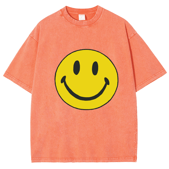 CustomMagic Unisex Smiley Face Oversized Printed Shirt Casual Vintage Wash Short Sleeve T-shirt Orange, L