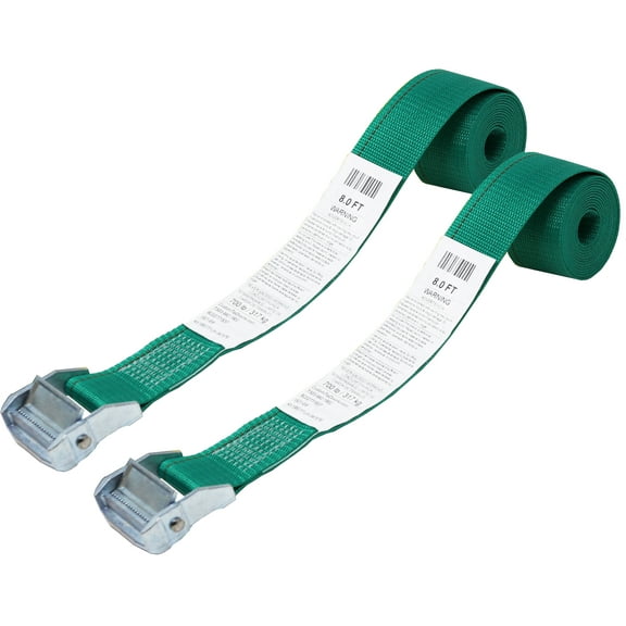 CustomTieDowns 2 Pack, 2 Inch x 8 Foot Cinch Strap Endless Loop Tie Down (no hooks), Zinc Diecast Rust Proof Cam Buckle, Polyester Webbing.(Green) 1600