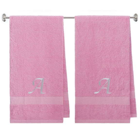 Custome Terry Cotton Bath Towel for Bath, Shower - Personalized Name Bath Towel - 27 x 54 inches - 2-Pack - Pink Color Towel - Silver Script Initial A