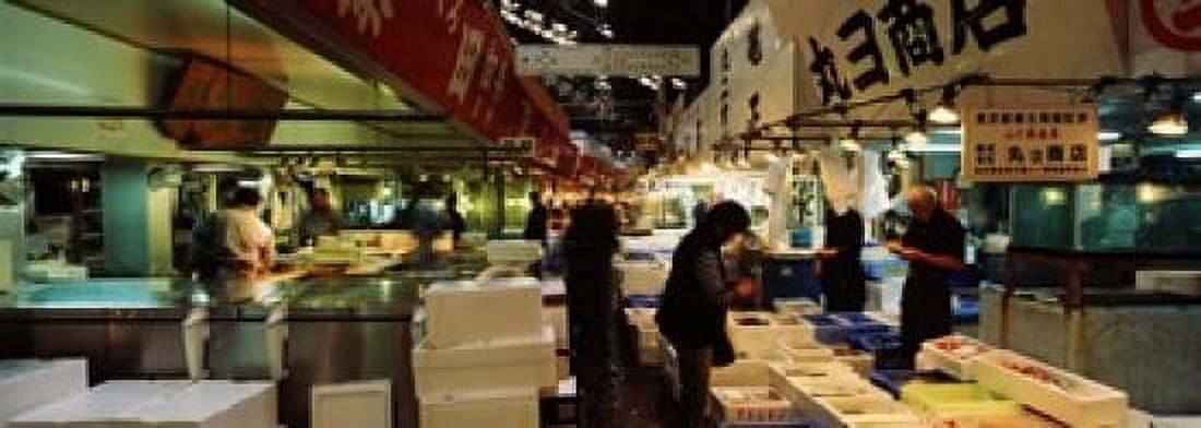 Customers buying fish in a fish market Tsukiji Fish Market Tsukiji Tokyo Prefecture Kanto Region Japan Canvas Art - Panoramic Images (18 x 7)