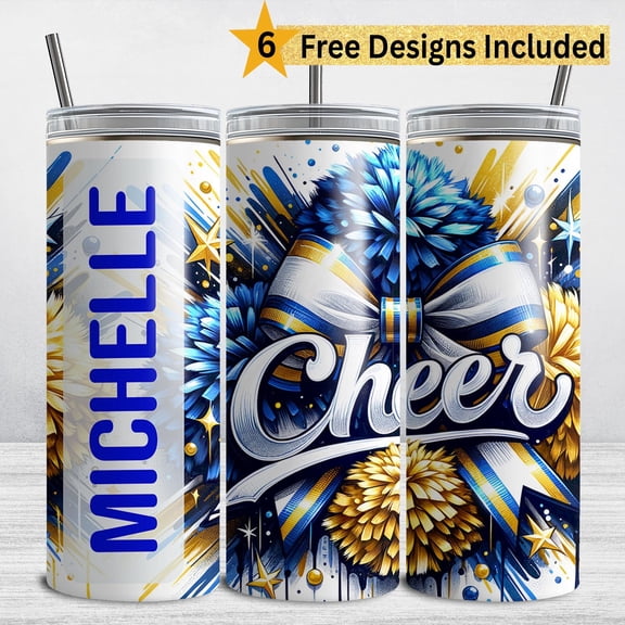 Customisable Blue and Gold Cheer Tumbler , Add Name Cheerleader 20 oz Skinny Tumbler Sublimation , Cheer Tumbler , Cheerleading